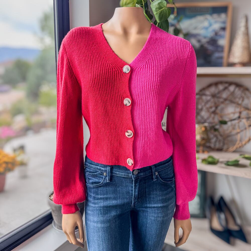 NWT-Miami if Francesca's, Red & Pink ColorBlock Button Up Cropped Cardigan-SZ XS